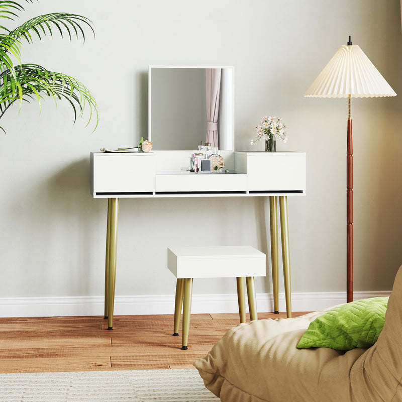 Consolle Trucco con Cassetti Specchio e Sgabello con Vano Contenitore in Truciolato Bianco    