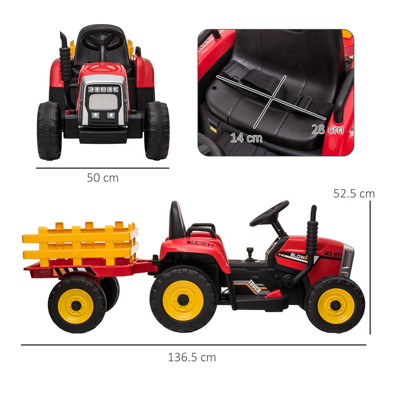 Trattore Elettrico per Bambini 12V con Rimorchio Rosso