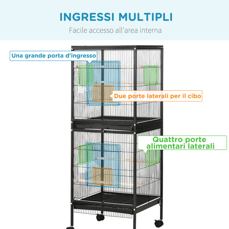 Gabbia Voliera per Uccelli per Interni 51,5x50x140 cm con Ruote e Vassoi Estraibili Nero   