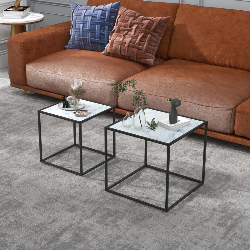 Set 2 Tavolini Quadrati Impilabili in Acciaio e Vetro Temperato Nero e Effetto Marmo