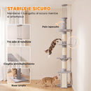 Tiragraffi per Gatti a Soffitto 40x40x230-260 cm con 3 Pali Graffiatoi e Amaca in Truciolato Peluche e Sisal Grigio Chiaro      