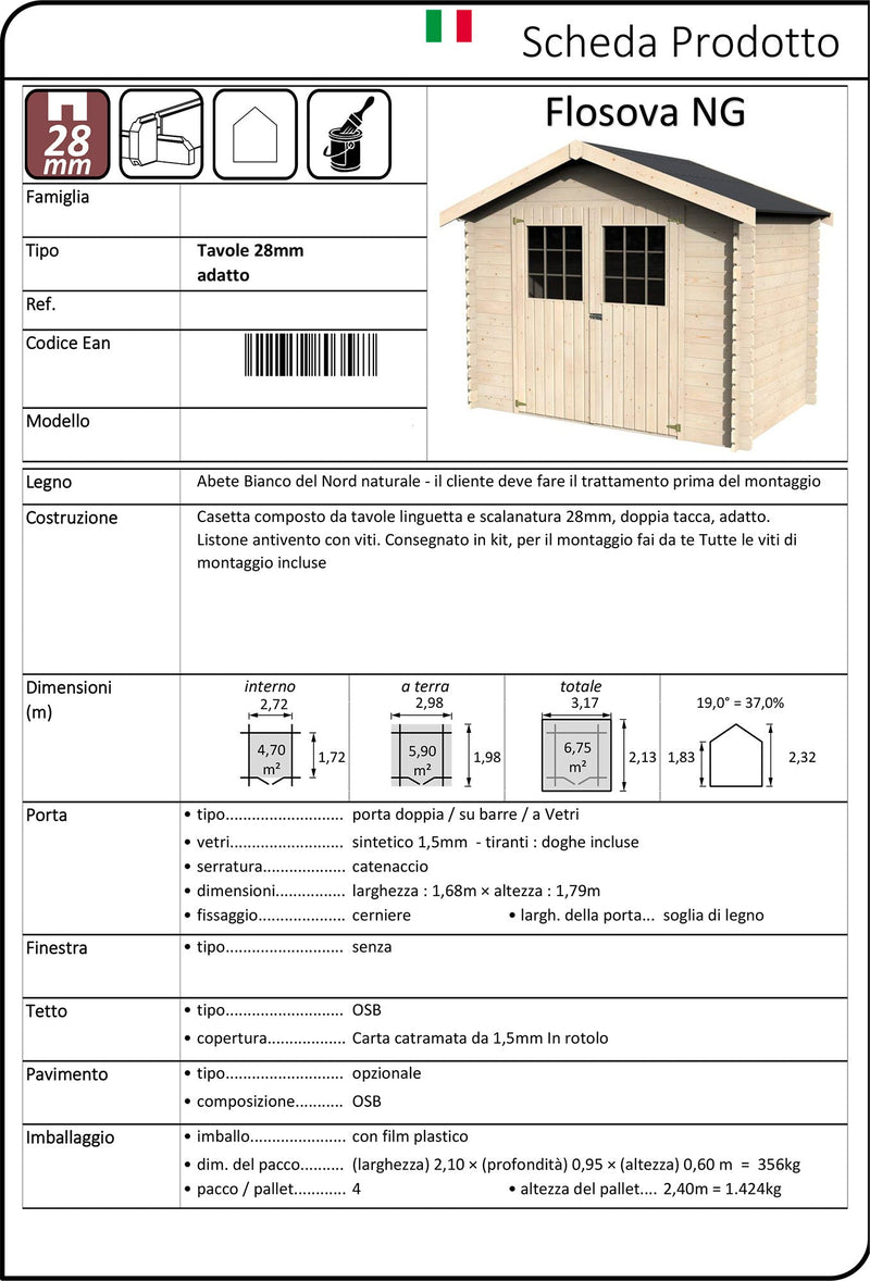 Casetta Box da Giardino per Attrezzi 3,17x2,13m Senza Pavimento in Legno Abete 28mm Flosova NG