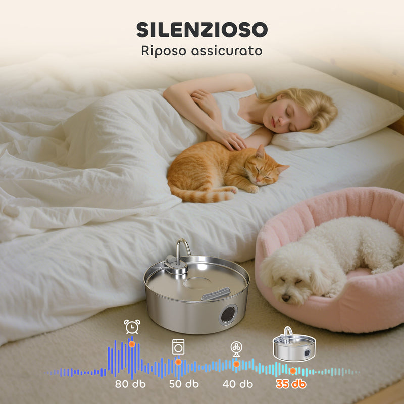 Fontanella per Gatti 30,5x31,2x19,3 cm Capacità 7L con Luce LED e Tripla Filtrazione in Acciaio Inox 304 Argento 