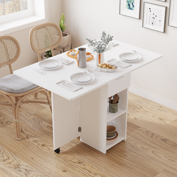 prezzo Tavolo Pieghevole Salvaspazio Anta a Ribalta 120x77x75 cm con Ruote in Legno Bianco