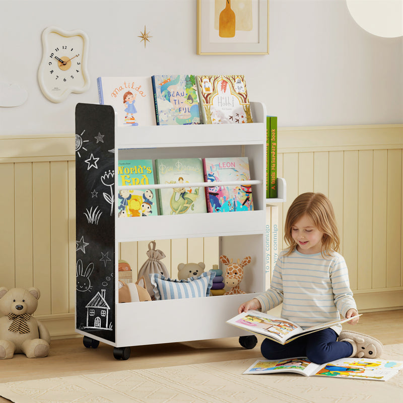 Libreria per Bambini 3-8 Anni  Scaffalea Due Lati Portagiochi con Ruote e Lavagna Nera in MDF Bianco      