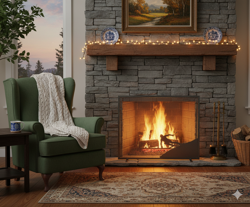 Parascintille per Camino a 1 Anta Design Sciatore 60x51 cm in Ferro Verniciato Grigio Martellato