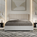 Letto Matrimoniale con Rete e Contenitore Alzata Comoda Struttura Bianco Frassico e Testata in Similpelle Kaia Tortora Varie Misure