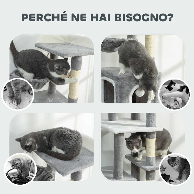 Albero Tiragraffi per Gatti 48x40x165 cm con 2 Casette Rampa Trespoli in Peluche e Sisal Grigio e Bianco      