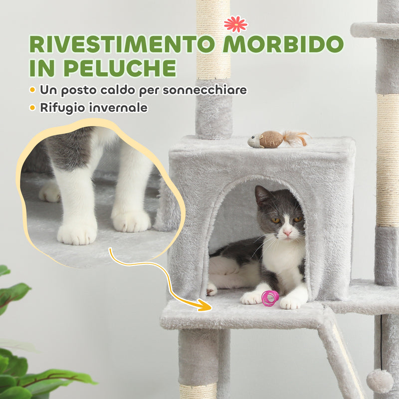 Albero Tiragraffi a Soffitto con Altezza Regolabile 225-255 cm con Casetta e Amaca in Peluche e Sisal Grigio Chiaro      
