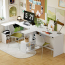 Scrivania Angolare Moderna 120x100x76 cm con Ripiano Scorrevole per Tastiera e Scaffale a 4 Ripiani Bianco      