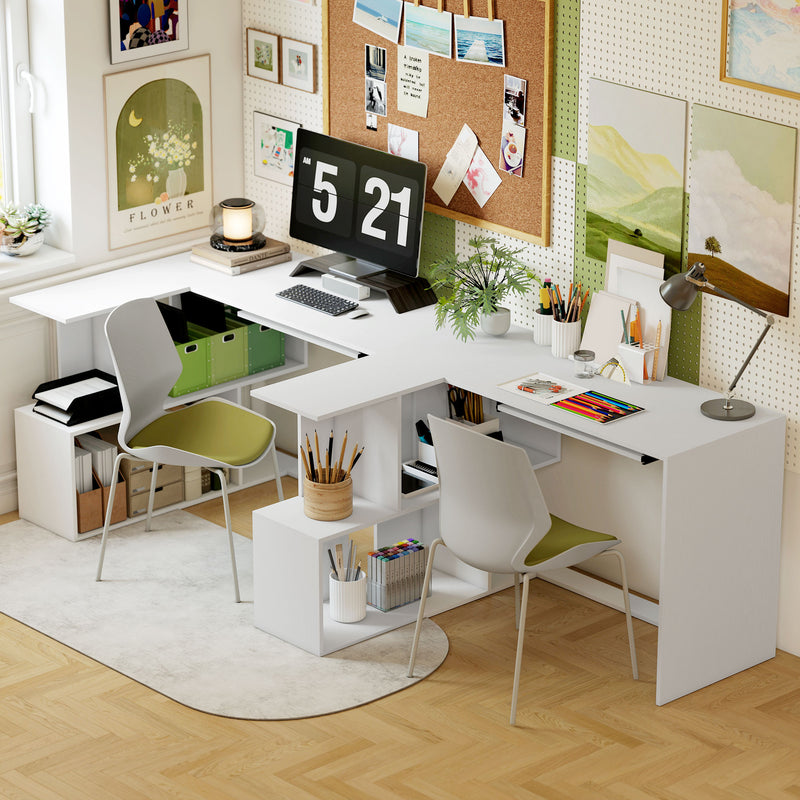 Scrivania Angolare Moderna 120x100x76 cm con Ripiano Scorrevole per Tastiera e Scaffale a 4 Ripiani Bianco      