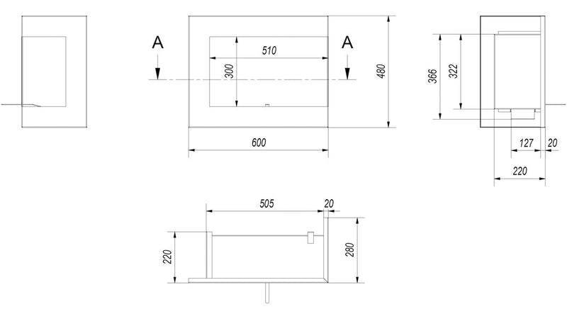 Camino a Bioetanolo da Incasso 60x48 cm Flig Tampa Nero Angolo a Destra