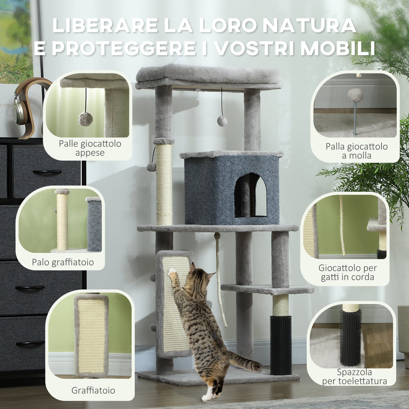 Albero Tiragraffi Multilivello Alto 132 cm con Casetta e Lettino in Peluche e Sisal Grigio  