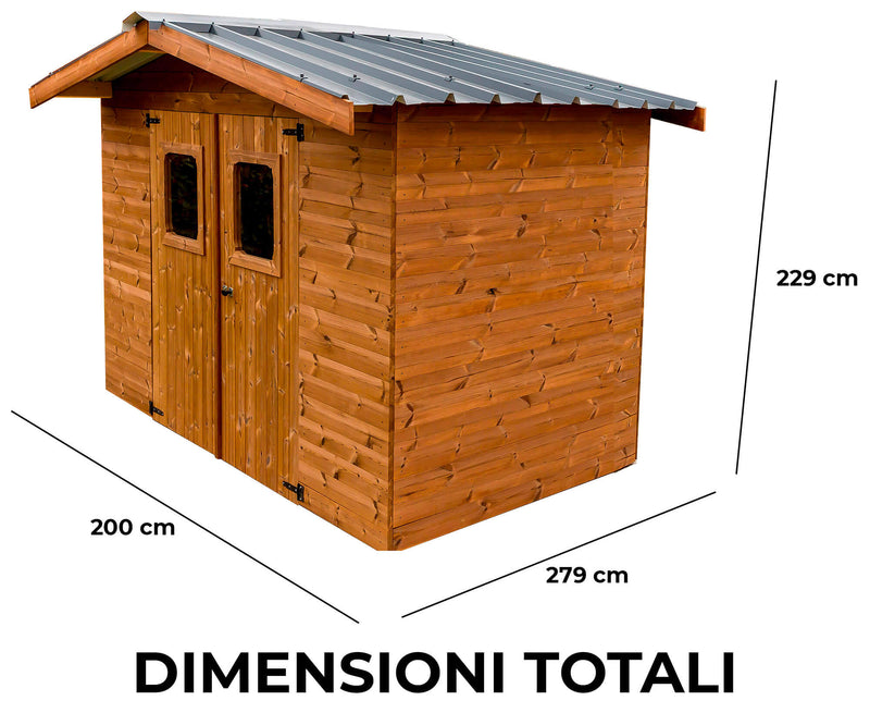 Casetta Box da Giardino 2,35x2,15 m Senza Pavimento in Legno Picea Massello 28mm Tetto in Acciaio Thermabri