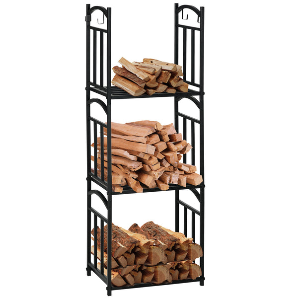 sconto Portalegna 3 Livelli 46x32x126 cm in Metallo con Ganci per Attrezzi Nero