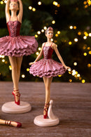 Set 2 Statuina Decorativa Ballerina su Punte 21,5 cm in Resina Rosa