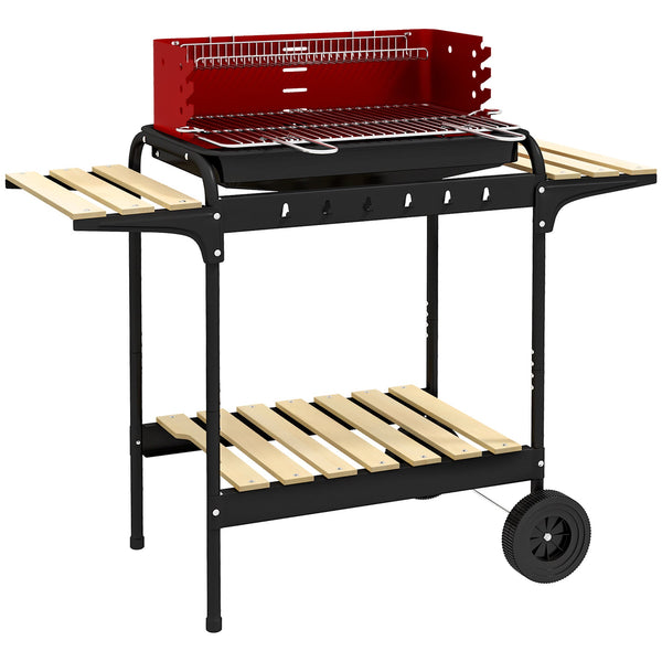 sconto Barbecue a Carbonella 103x47x95 cm con Griglia Regolabile e 3 Ripiani in Metallo e Legno Rosso