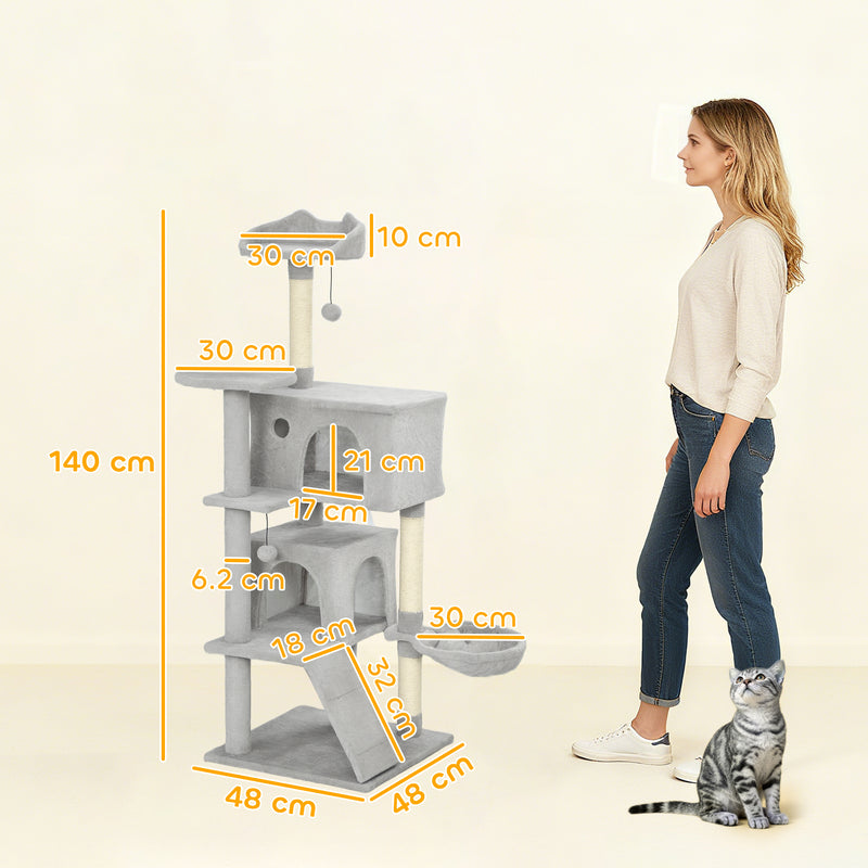 Albero Tiragraffi per Gatti Alto 140 cm con 2 Casette Amaca Lettino e Pali in Sisal Grigio      