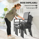 Set 5 Pezzi da Giardino Tavolo con Foro Centrale e Ripiano Inferiore con 4 Sedie Impilabili in Acciaio Grigio      