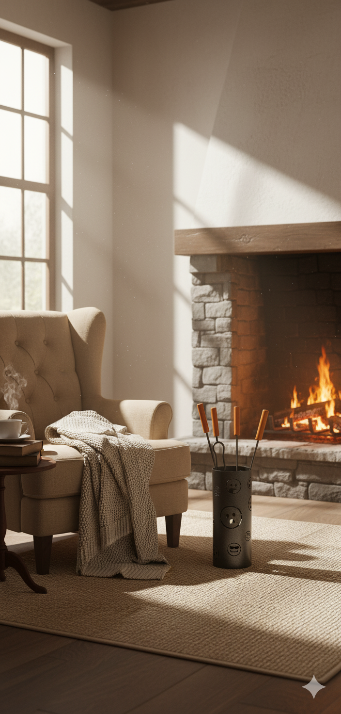 Trespolo per Attrezzi Camino Cilindrico Sagoma Faccine con Paletta Scopino Attizzino e Pinza Ø15,2x62 cm in Ferro Verniciato Grigio Martellato