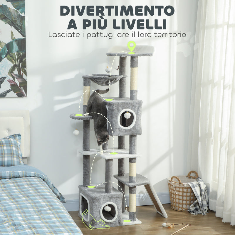 Albero Tiragraffi per Gatti 48x40x165 cm con 2 Casette Rampa Trespoli in Peluche e Sisal Grigio e Bianco      