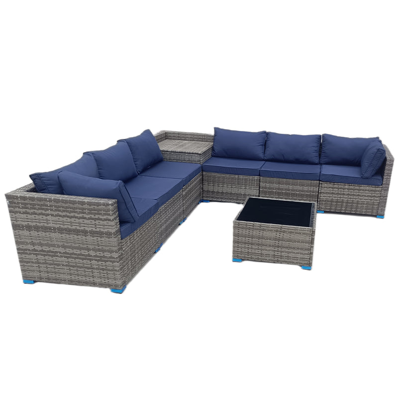 Set Salotto da Giardino per Patio 8 Pezzi Tavolo con Piano in Vetro in Polyrattan Blu      