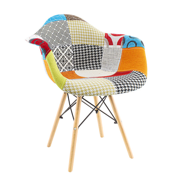 online Chaise rembourrée en tissu patchwork avec pieds en bois