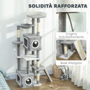 Albero Tiragraffi per Gatti 48x40x165 cm con 2 Casette Rampa Trespoli in Peluche e Sisal Grigio e Bianco      