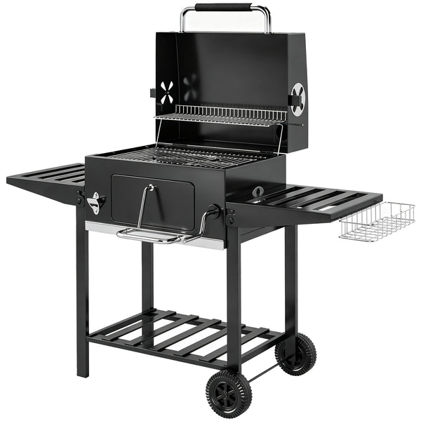 sconto Barbecue a Carbone 133,5x65x110 cm a Rotelle con Griglia Regolabile e Ripiani Pieghevoli in Acciaio e PP Nero