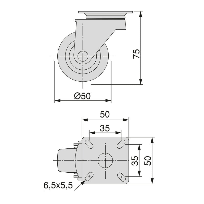Kit 4 Ruote Slip per Carrello Ø5 cm con Piastra in Acciaio Emuca Neri