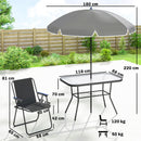 Set 8 Pezzi da Giardino con Ombrellone 6 Sedie Pieghevoli e Tavolo da Esterno in Vetro Temperato Nero      