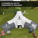 Tenda da Campeggio 6 Posti Impermeabile con 3 Aree Notte Soggiorno e Portico in tessuto Oxford Grigio