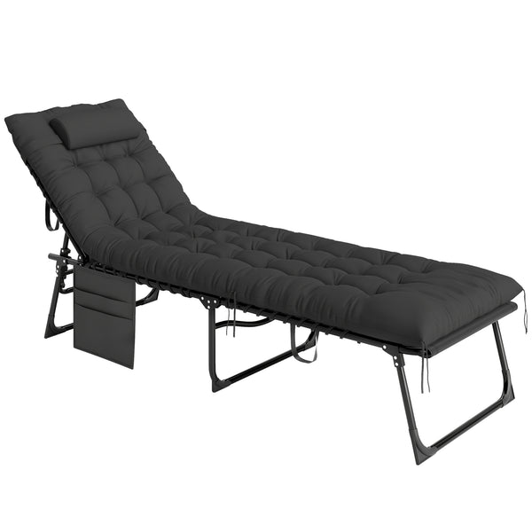 online Lettino Prendisole 58x189x32,5 cm Pieghevole con Cuscino Poggiatesta e Tasca Laterale in Poliestere Nero