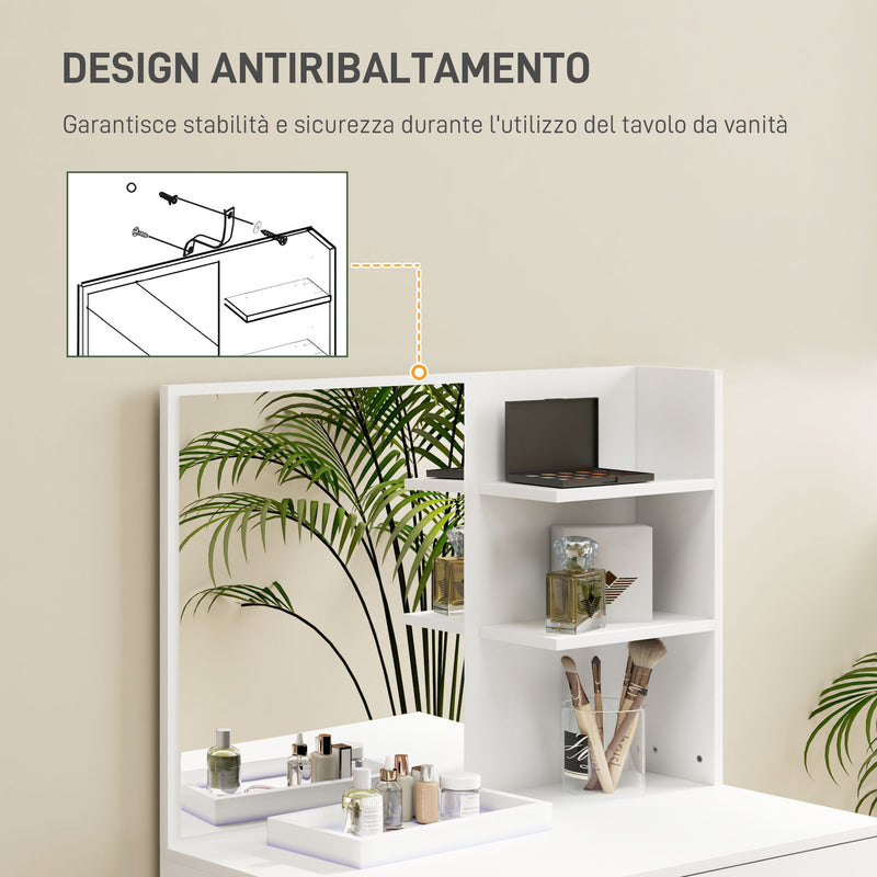 Consolle Trucco 75x40x137 cm con Sgabello e Ripiani a Giorno Bianco   