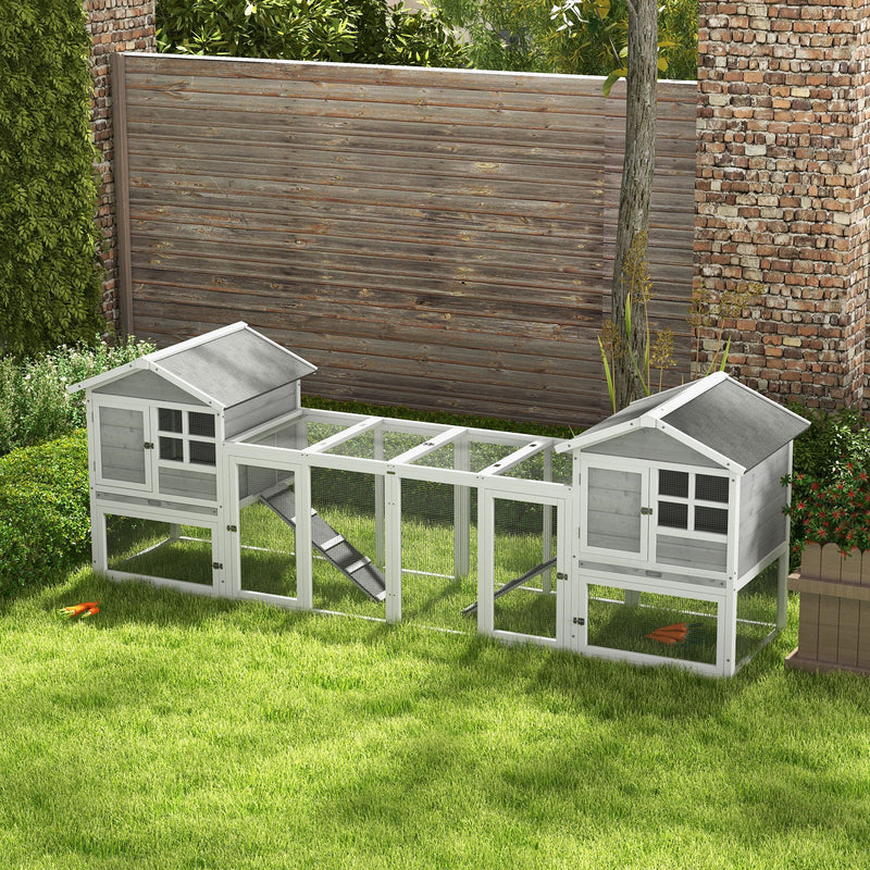 Gabbia per Conigli Conigliera 259x64x92 cm 2 Casette con Rampe Recintata in Legno Grigia