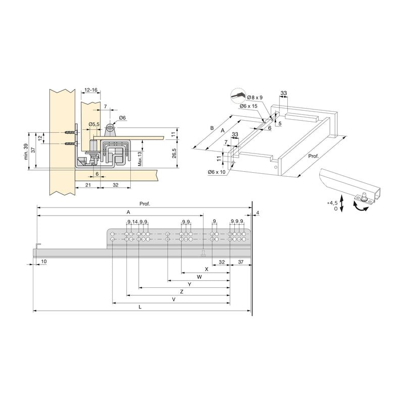 Guide a Scomparsa Slippe per Cassetti ad Estrazione Totale P540 Zincato Bianco Acciaio Emuca