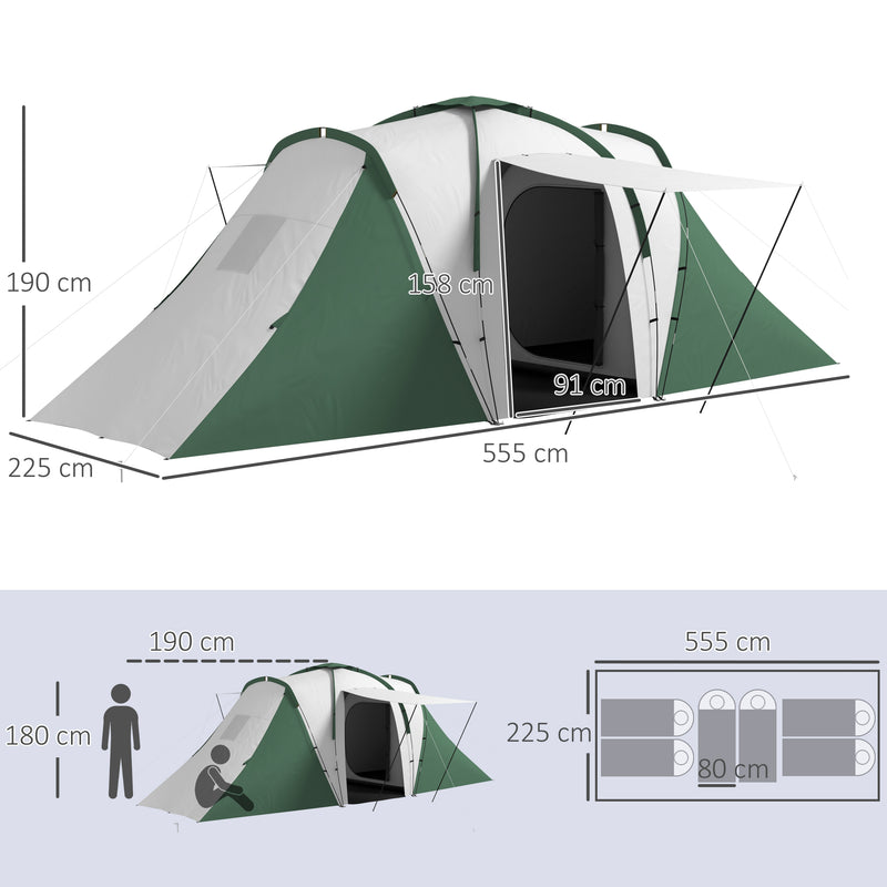 Tenda da Campeggio 555x225x190 cm per 4-6 Persone con 2 Camere Grigio e Verde   