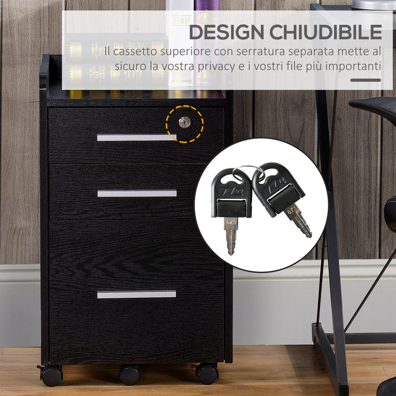 Cassettiera Portadocumenti 39,2x40x65,4 cm Cassetti con Chiavi di Sicurezza e 5 Ruote in MDF Nero  