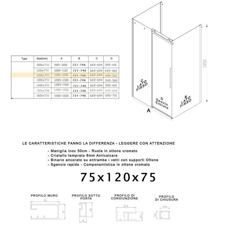 Box Doccia 3 Lati 1 Anta Scorrevole in Cristallo Trasparente 8mm H195 Bonussi Alina Varie Misure