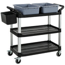Carrello Pulizie Professionale 115x50x100 cm a 3 Ripiani con 2 Contenitori Rimovibili Bidone Laterale e 4 Ruote in PP Nero      