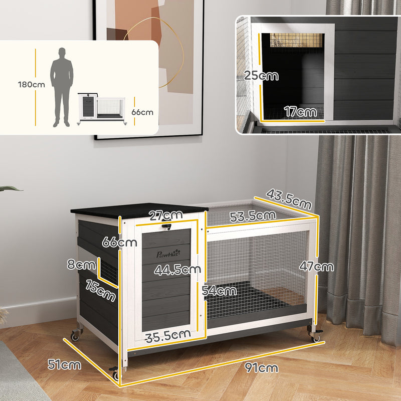 Conigliera 91x51x66 cm con Ruote in Legno di Abete Grigio Scuro e Bianco 