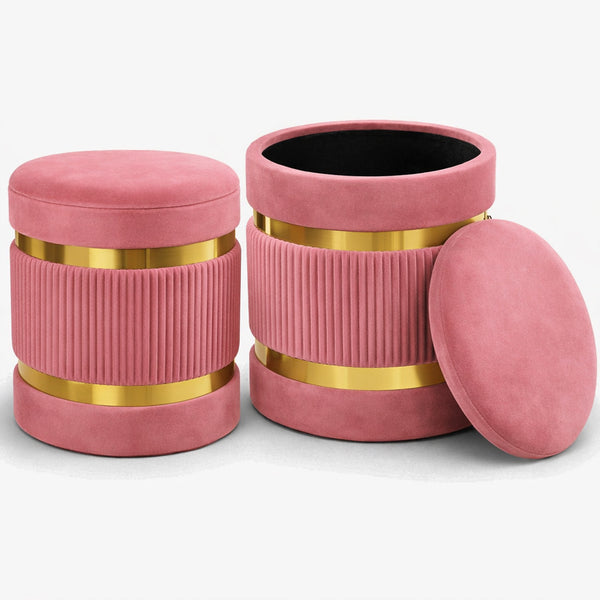 online Set 2 Pouf Contenitore Ø 38x44 cm e Ø 31x38 cm con Rivestimento Velluto Rosa