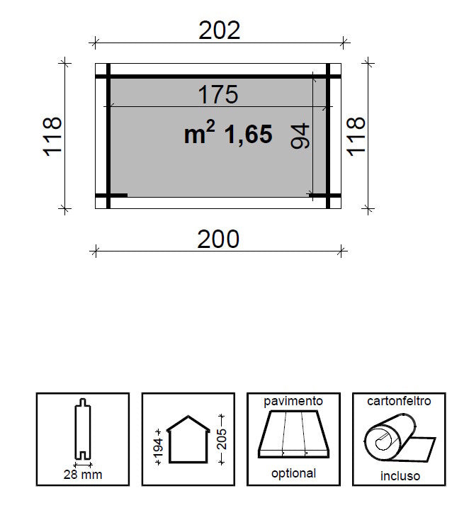 Casetta Box Da Giardino 200x118x194-205 cm Porta Doppia con Serratura Patty in Legno di Abete Grezzo