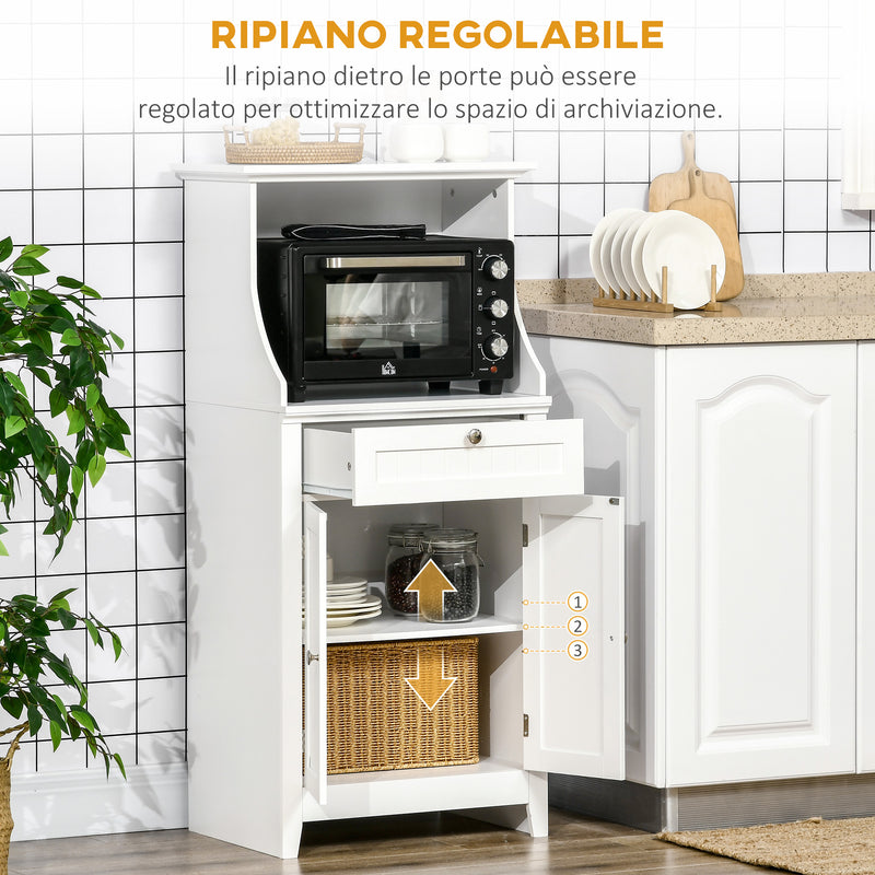 Mobile Cucina per Microonde 60x40x122,5 cm con Cassetto e Armadietto 2 Ante in MDF Bianco  