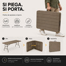 Tavolo Pieghevole da Esterno 180x74x74 cm con Piano in HDPE Effetto Legno a Valigia Tortora      