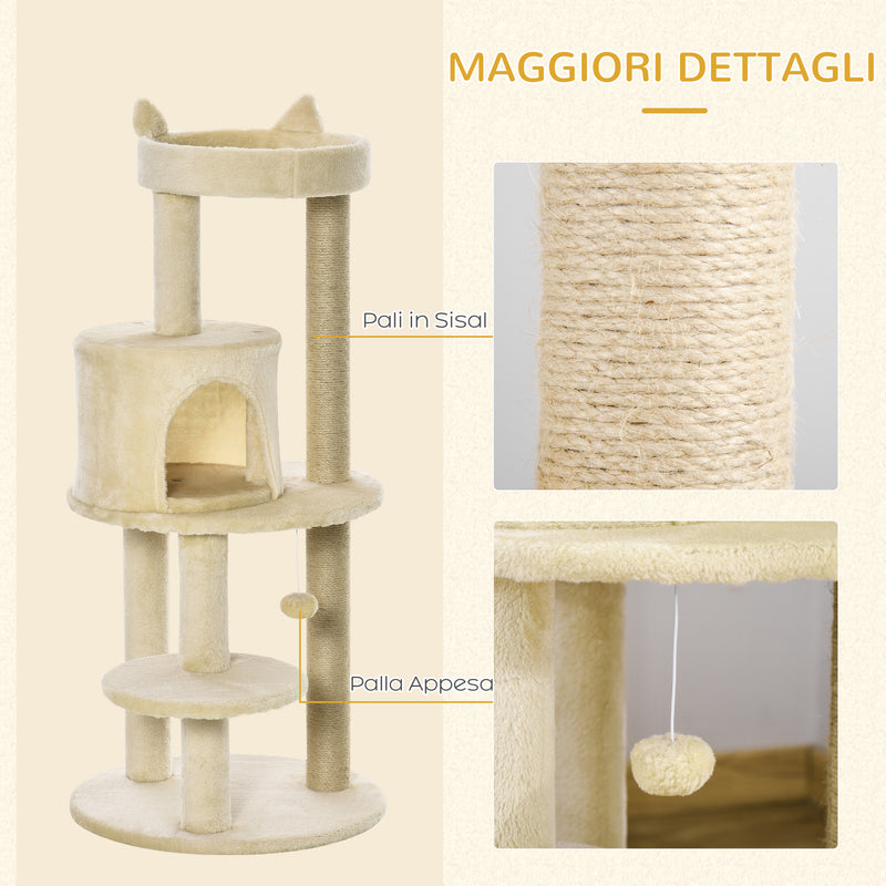 Albero Tiragraffi per Gatti con Cuccia e Piattaforma 104H cm Rivestimento in Sisal e Peluche Bianco Crema      