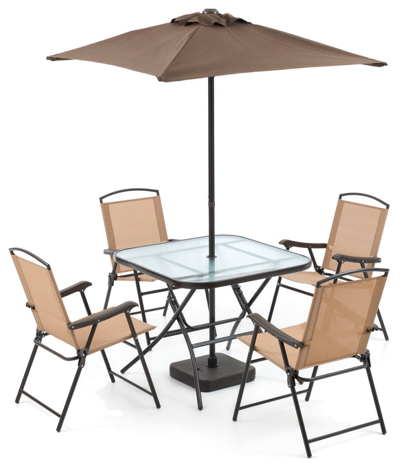 Ensemble de table de jardin en fer brun et beige Daybreak avec 4 chaises pliantes et parasol online