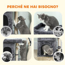 Albero Tiragraffi per Gatti Fino a 7 kg con 2 Casette e Lettino Palo in Sisal e Rivestimento Peluche Grigio Scuro      