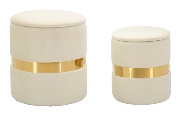 prezzo Puff con Contenitore Sheffild Crema Set 2 Pz Ø37x42 cm - Ø28x35 cm in Ferro e MDF e Spugna e Poliestere Crema e Oro