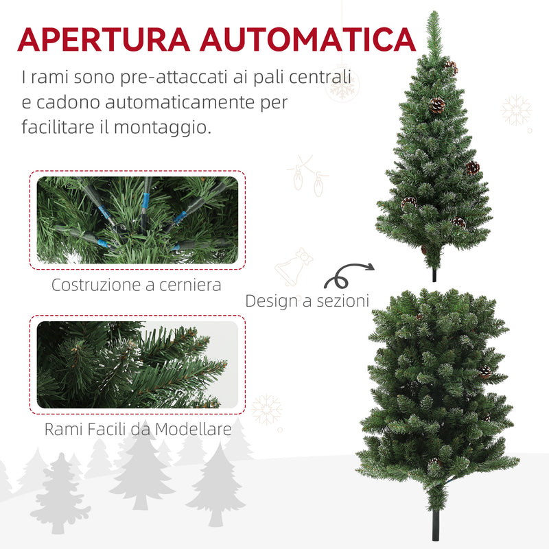 Albero di Natale Innevato Slim 150 cm 395 Rami con Pigne in Plastica e Acciaio Verde  
